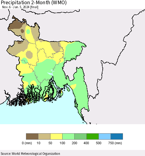 Bangladesh Precipitation 2-Month (WMO) Thematic Map For 11/6/2023 - 1/5/2024