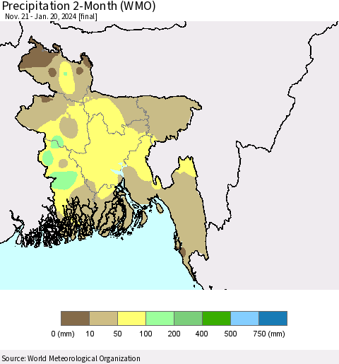 Bangladesh Precipitation 2-Month (WMO) Thematic Map For 11/21/2023 - 1/20/2024