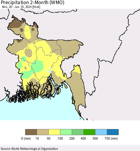 Bangladesh Precipitation 2-Month (WMO) Thematic Map For 11/26/2023 - 1/25/2024
