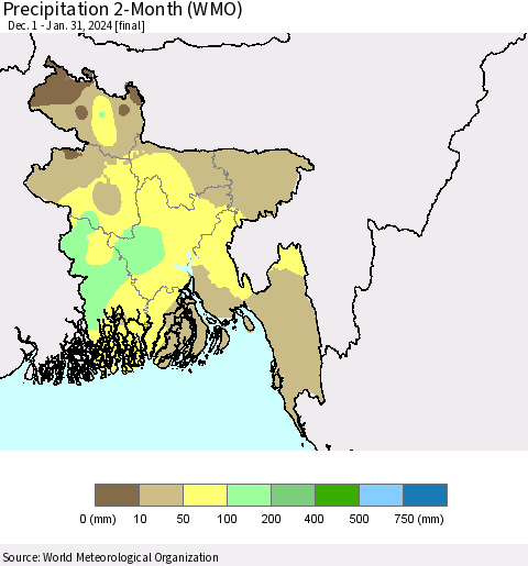 Bangladesh Precipitation 2-Month (WMO) Thematic Map For 12/1/2023 - 1/31/2024