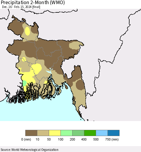 Bangladesh Precipitation 2-Month (WMO) Thematic Map For 12/16/2023 - 2/15/2024