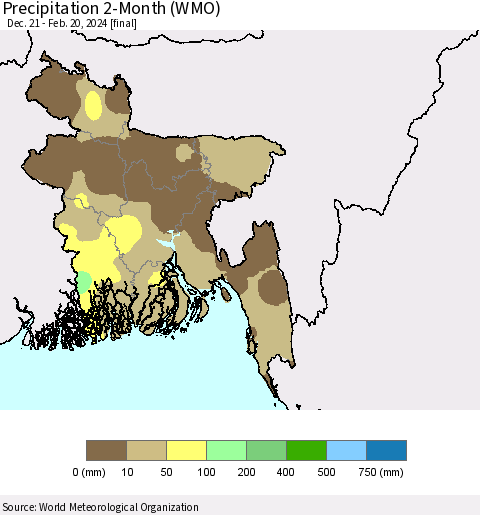 Bangladesh Precipitation 2-Month (WMO) Thematic Map For 12/21/2023 - 2/20/2024