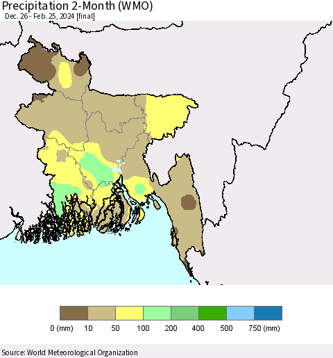 Bangladesh Precipitation 2-Month (WMO) Thematic Map For 12/26/2023 - 2/25/2024