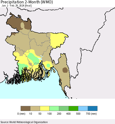 Bangladesh Precipitation 2-Month (WMO) Thematic Map For 1/1/2024 - 2/29/2024