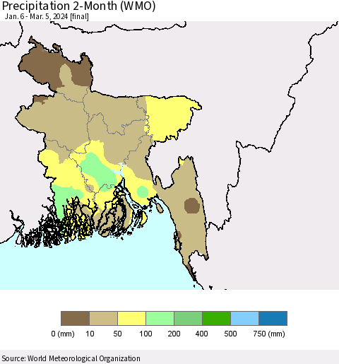 Bangladesh Precipitation 2-Month (WMO) Thematic Map For 1/6/2024 - 3/5/2024