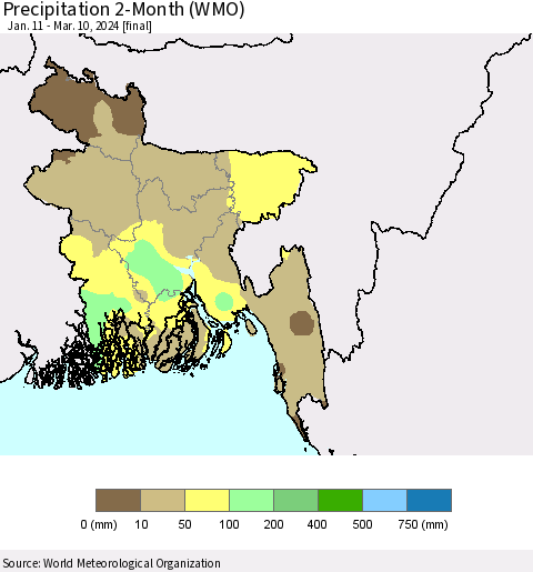 Bangladesh Precipitation 2-Month (WMO) Thematic Map For 1/11/2024 - 3/10/2024