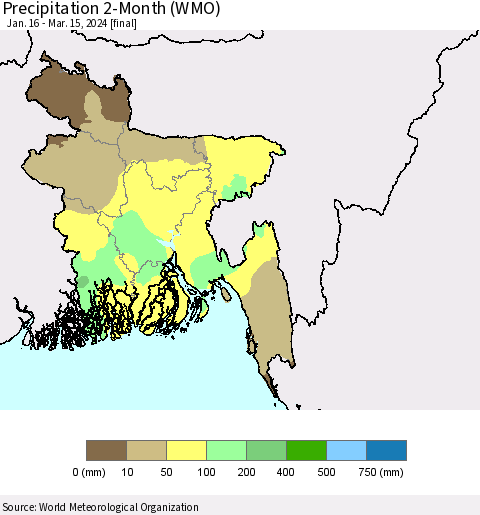 Bangladesh Precipitation 2-Month (WMO) Thematic Map For 1/16/2024 - 3/15/2024