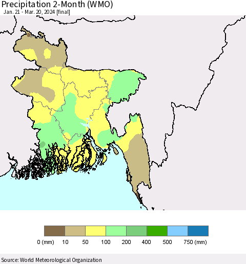Bangladesh Precipitation 2-Month (WMO) Thematic Map For 1/21/2024 - 3/20/2024