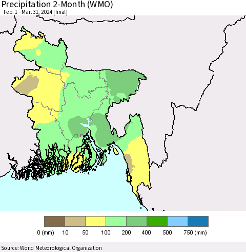 Bangladesh Precipitation 2-Month (WMO) Thematic Map For 2/1/2024 - 3/31/2024