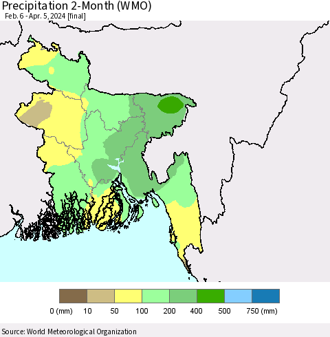 Bangladesh Precipitation 2-Month (WMO) Thematic Map For 2/6/2024 - 4/5/2024
