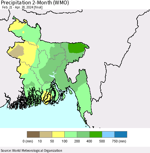Bangladesh Precipitation 2-Month (WMO) Thematic Map For 2/21/2024 - 4/20/2024