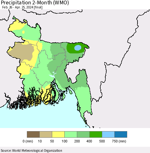 Bangladesh Precipitation 2-Month (WMO) Thematic Map For 2/26/2024 - 4/25/2024