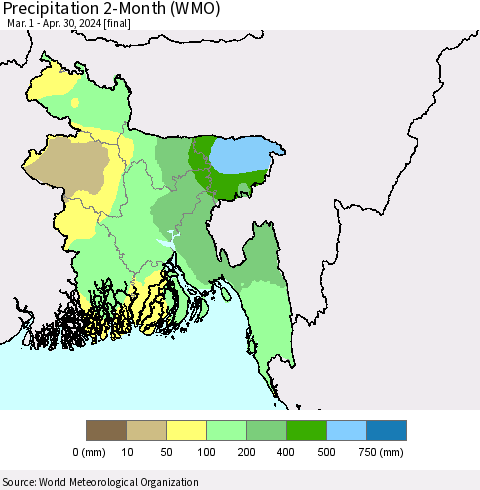 Bangladesh Precipitation 2-Month (WMO) Thematic Map For 3/1/2024 - 4/30/2024