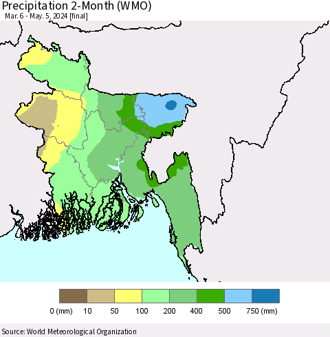 Bangladesh Precipitation 2-Month (WMO) Thematic Map For 3/6/2024 - 5/5/2024
