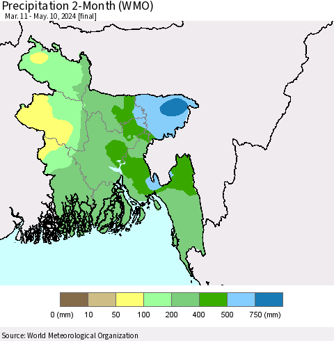 Bangladesh Precipitation 2-Month (WMO) Thematic Map For 3/11/2024 - 5/10/2024