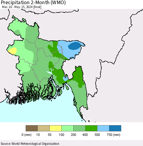 Bangladesh Precipitation 2-Month (WMO) Thematic Map For 3/16/2024 - 5/15/2024