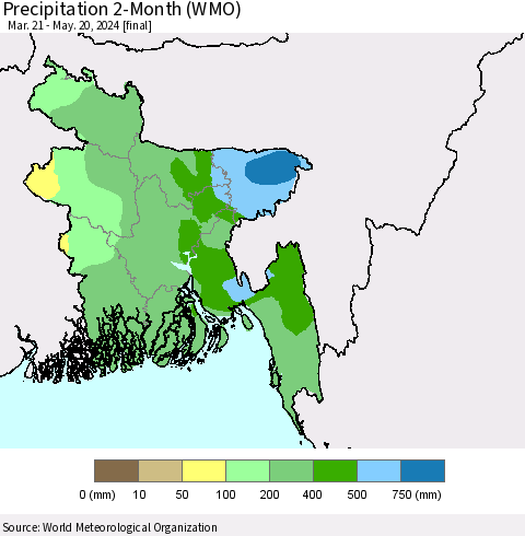 Bangladesh Precipitation 2-Month (WMO) Thematic Map For 3/21/2024 - 5/20/2024