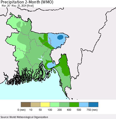 Bangladesh Precipitation 2-Month (WMO) Thematic Map For 3/26/2024 - 5/25/2024