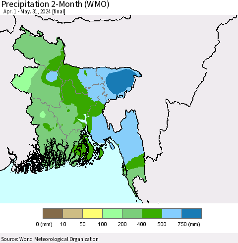 Bangladesh Precipitation 2-Month (WMO) Thematic Map For 4/1/2024 - 5/31/2024