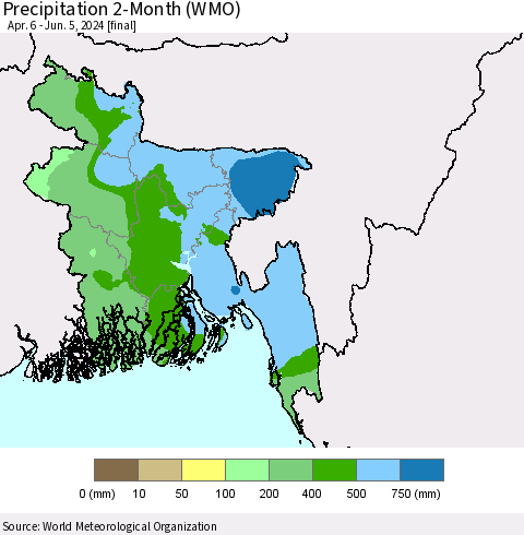 Bangladesh Precipitation 2-Month (WMO) Thematic Map For 4/6/2024 - 6/5/2024