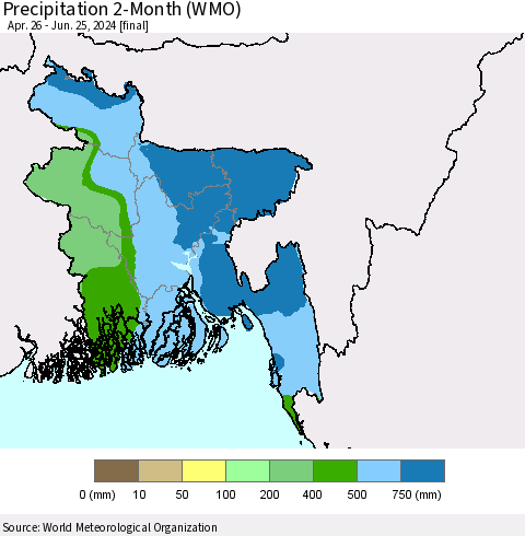 Bangladesh Precipitation 2-Month (WMO) Thematic Map For 4/26/2024 - 6/25/2024