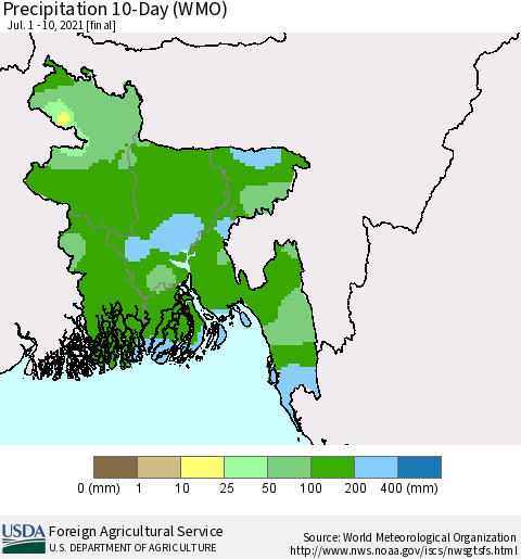 Bangladesh Precipitation 10-Day (WMO) Thematic Map For 7/1/2021 - 7/10/2021