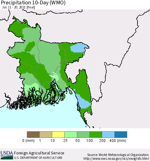 Bangladesh Precipitation 10-Day (WMO) Thematic Map For 7/11/2021 - 7/20/2021