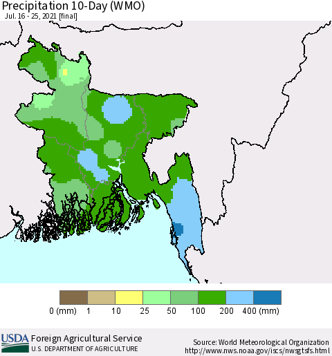 Bangladesh Precipitation 10-Day (WMO) Thematic Map For 7/16/2021 - 7/25/2021