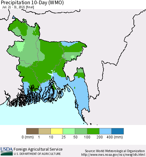 Bangladesh Precipitation 10-Day (WMO) Thematic Map For 7/21/2021 - 7/31/2021