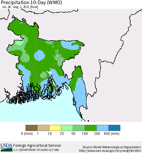 Bangladesh Precipitation 10-Day (WMO) Thematic Map For 7/26/2021 - 8/5/2021