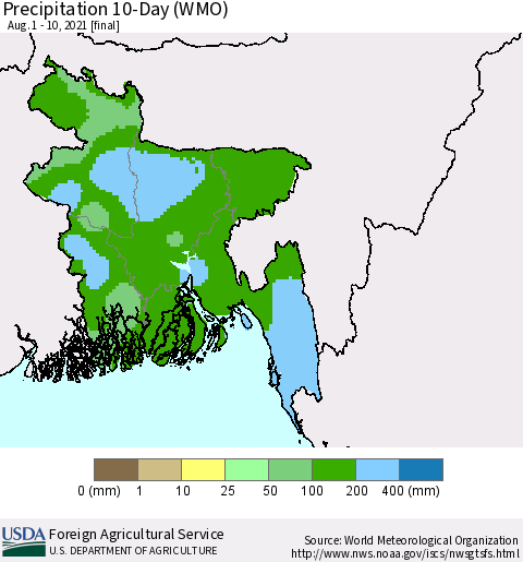 Bangladesh Precipitation 10-Day (WMO) Thematic Map For 8/1/2021 - 8/10/2021
