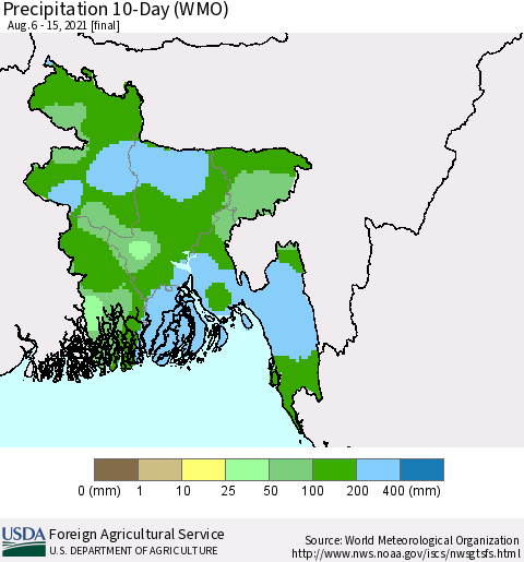 Bangladesh Precipitation 10-Day (WMO) Thematic Map For 8/6/2021 - 8/15/2021