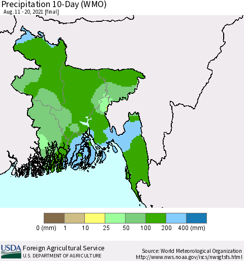 Bangladesh Precipitation 10-Day (WMO) Thematic Map For 8/11/2021 - 8/20/2021
