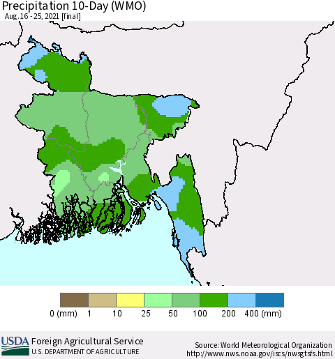 Bangladesh Precipitation 10-Day (WMO) Thematic Map For 8/16/2021 - 8/25/2021