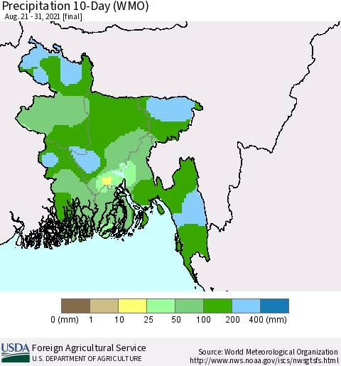 Bangladesh Precipitation 10-Day (WMO) Thematic Map For 8/21/2021 - 8/31/2021
