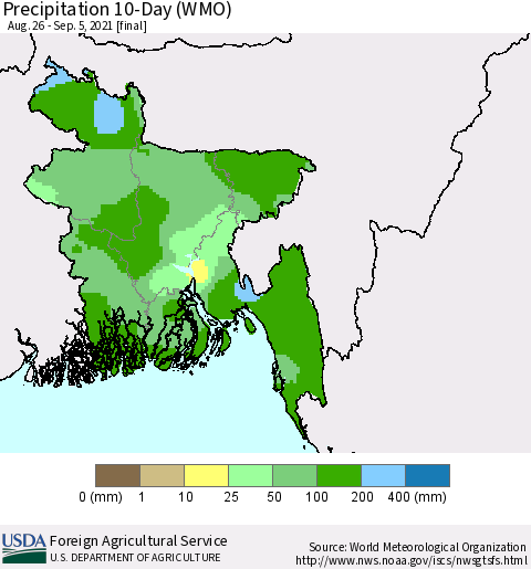 Bangladesh Precipitation 10-Day (WMO) Thematic Map For 8/26/2021 - 9/5/2021