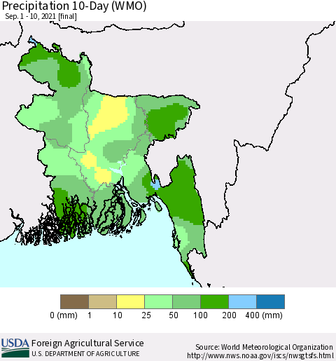 Bangladesh Precipitation 10-Day (WMO) Thematic Map For 9/1/2021 - 9/10/2021