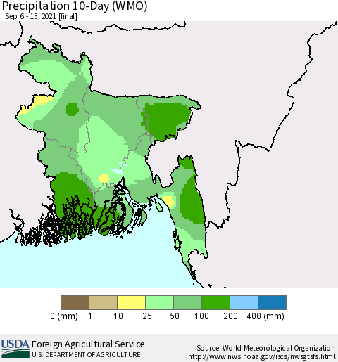 Bangladesh Precipitation 10-Day (WMO) Thematic Map For 9/6/2021 - 9/15/2021