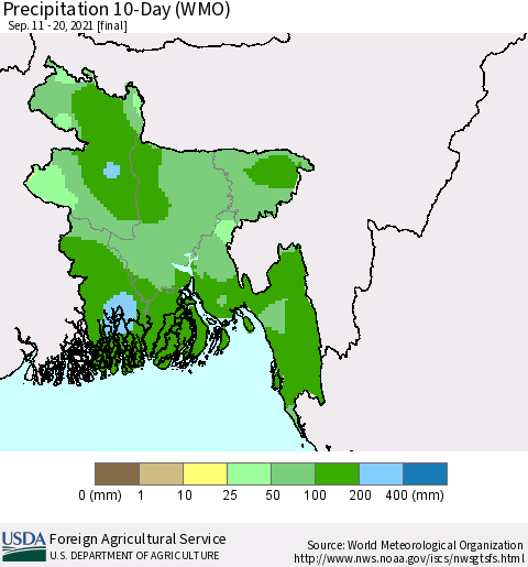 Bangladesh Precipitation 10-Day (WMO) Thematic Map For 9/11/2021 - 9/20/2021