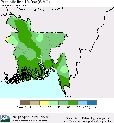 Bangladesh Precipitation 10-Day (WMO) Thematic Map For 9/16/2021 - 9/25/2021