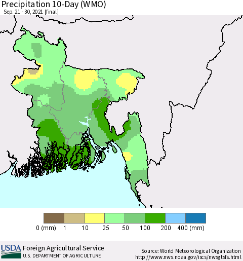 Bangladesh Precipitation 10-Day (WMO) Thematic Map For 9/21/2021 - 9/30/2021