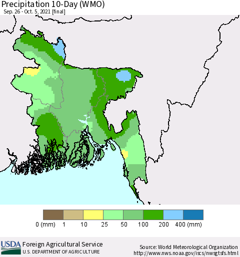 Bangladesh Precipitation 10-Day (WMO) Thematic Map For 9/26/2021 - 10/5/2021