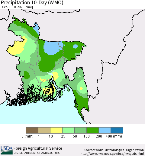 Bangladesh Precipitation 10-Day (WMO) Thematic Map For 10/1/2021 - 10/10/2021