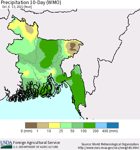 Bangladesh Precipitation 10-Day (WMO) Thematic Map For 10/6/2021 - 10/15/2021