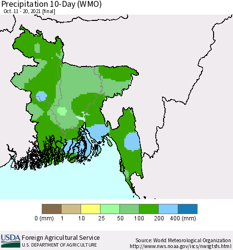 Bangladesh Precipitation 10-Day (WMO) Thematic Map For 10/11/2021 - 10/20/2021