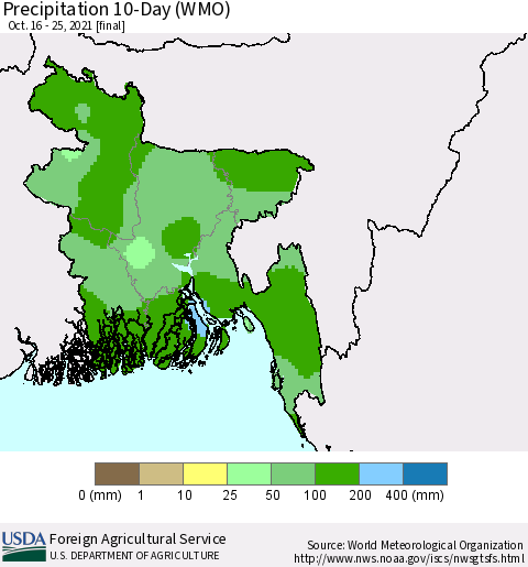 Bangladesh Precipitation 10-Day (WMO) Thematic Map For 10/16/2021 - 10/25/2021