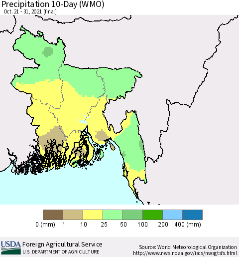 Bangladesh Precipitation 10-Day (WMO) Thematic Map For 10/21/2021 - 10/31/2021