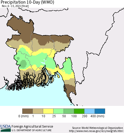 Bangladesh Precipitation 10-Day (WMO) Thematic Map For 11/6/2021 - 11/15/2021