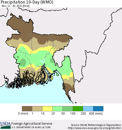 Bangladesh Precipitation 10-Day (WMO) Thematic Map For 11/11/2021 - 11/20/2021