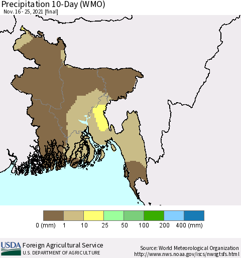 Bangladesh Precipitation 10-Day (WMO) Thematic Map For 11/16/2021 - 11/25/2021